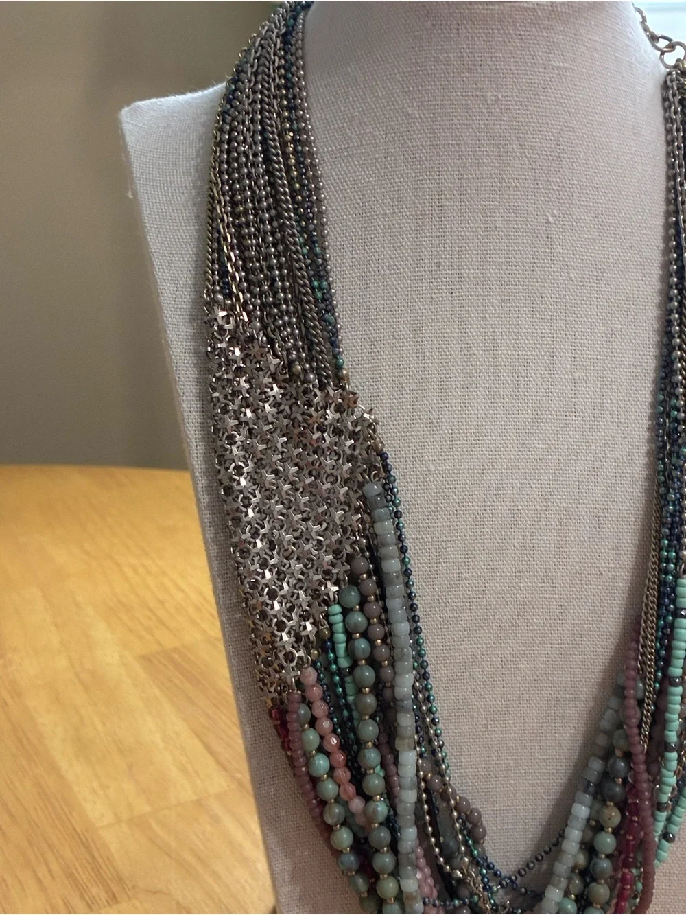 Stella & Dot Layered Beaded and Chain Necklace in Teal, Green and Pink